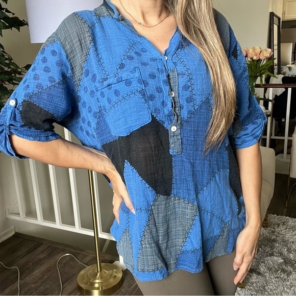 Made In Italy Tops - Made In Italy Women’s Blue Faux Patchwork Short Sleeves Blouse Tee Shirt Size L